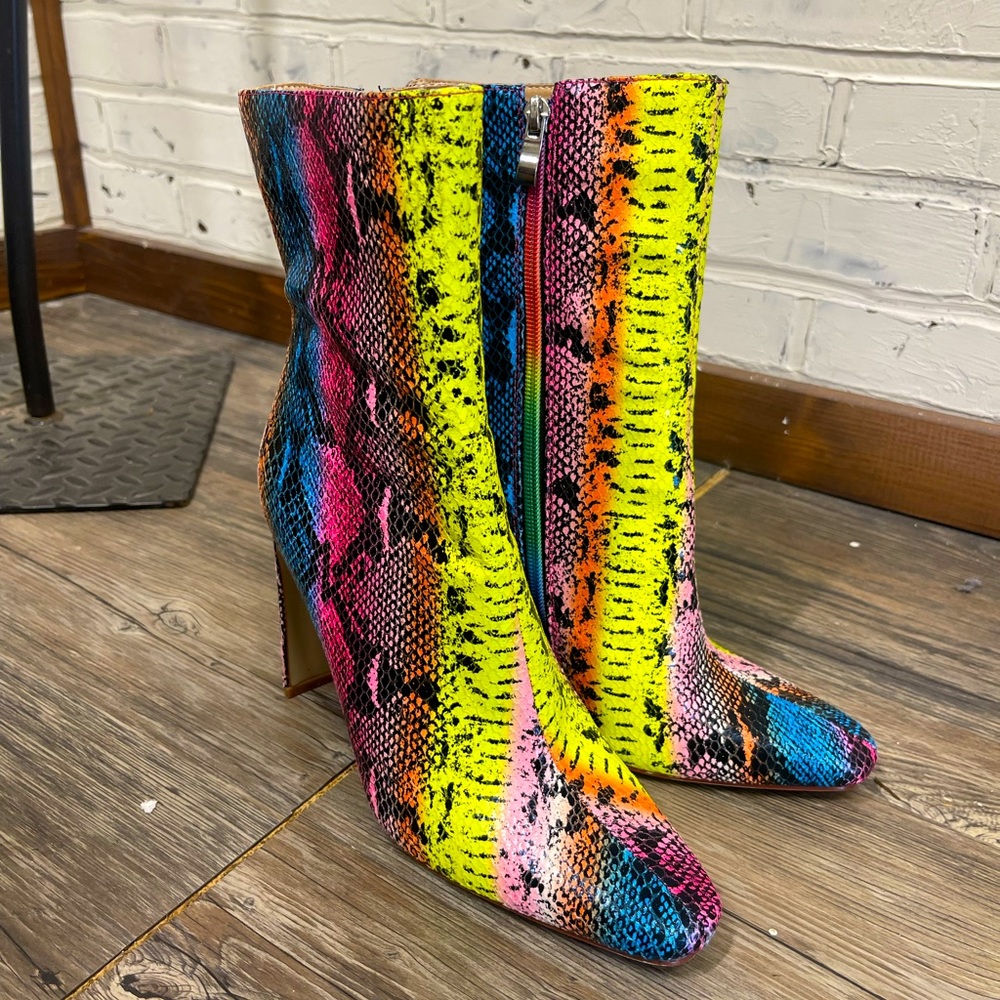 Azalea Wang Skaywalker neon snakeskin booties